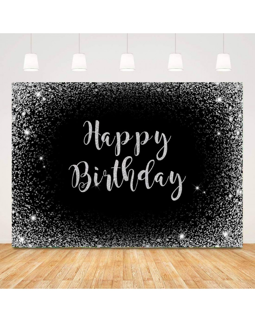 Photobooth Props 7x5ft Fabric Happy Birthday Backdrop Black Silver Decoration Backdrops for Women Men 30th 40th 50th 60th Bir...