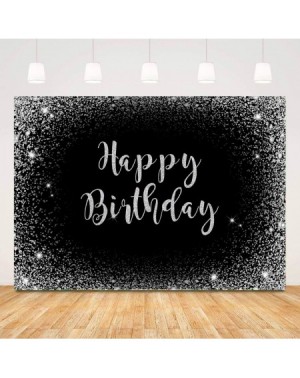 Photobooth Props 7x5ft Fabric Happy Birthday Backdrop Black Silver Decoration Backdrops for Women Men 30th 40th 50th 60th Bir...