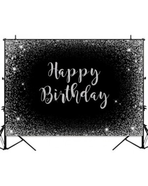 Photobooth Props 7x5ft Fabric Happy Birthday Backdrop Black Silver Decoration Backdrops for Women Men 30th 40th 50th 60th Bir...