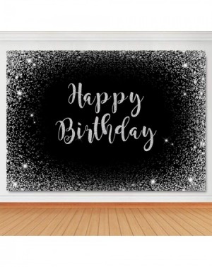 Photobooth Props 7x5ft Fabric Happy Birthday Backdrop Black Silver Decoration Backdrops for Women Men 30th 40th 50th 60th Bir...