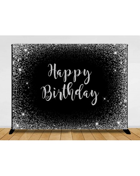 Photobooth Props 7x5ft Fabric Happy Birthday Backdrop Black Silver Decoration Backdrops for Women Men 30th 40th 50th 60th Bir...