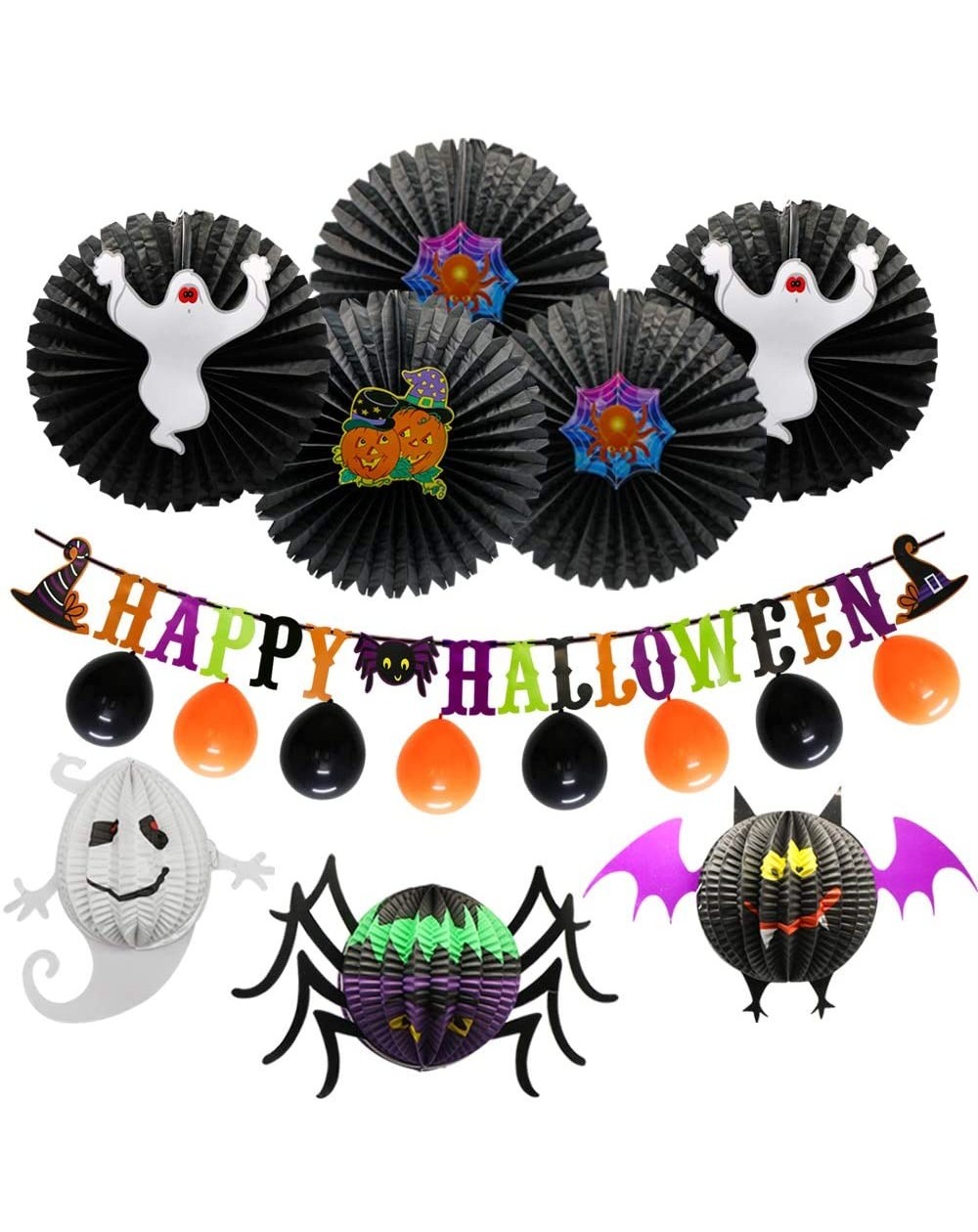 Tissue Pom Poms Halloween Party Decoration Supplies Include Happy Halloween Banner Party Balloons Spider Ghost Bat Honeycomb ...