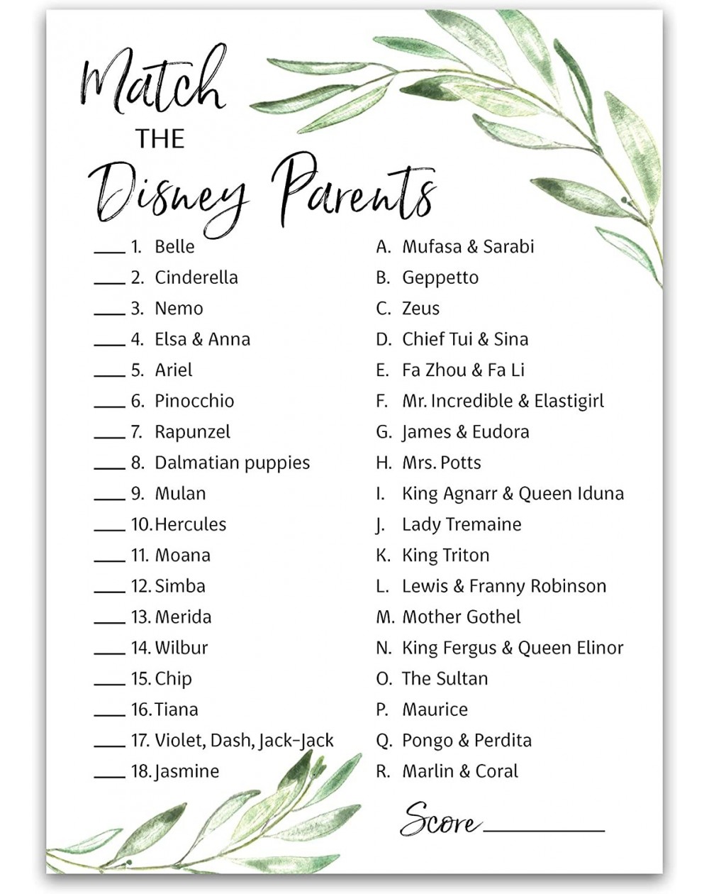 Favors GREENERY Baby Shower Game - DISNEY PARENT MATCH Baby Shower Game - Pack of 25 - Gender Neutral Baby Shower Game- Flora...