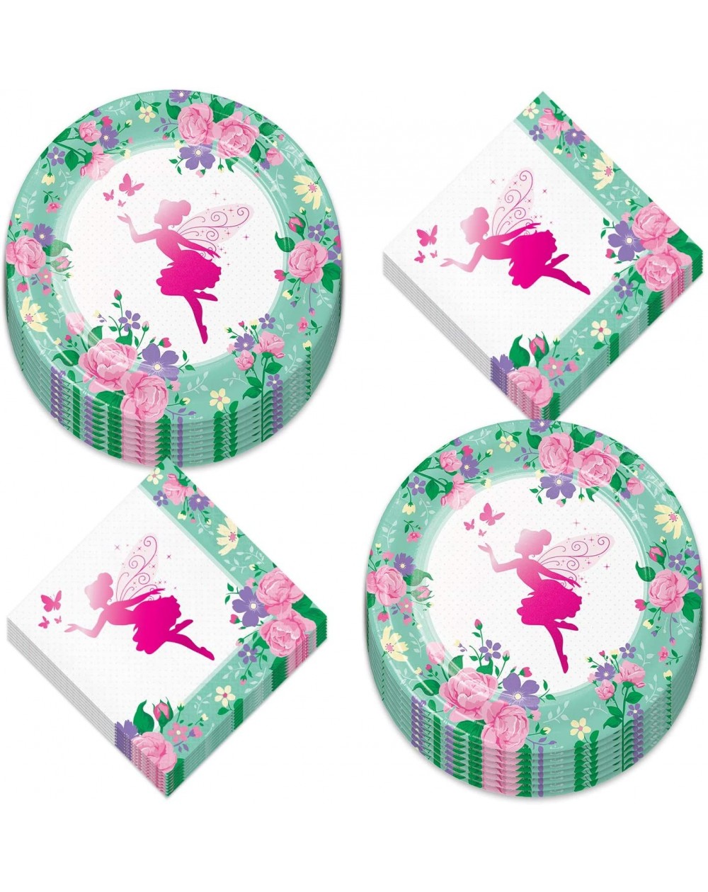 Party Packs Woodland Fairy Floral Metallic Sparkle Dinner Plates and Luncheon Napkins (Serves 16) - Dinner Plates - CE19C6TKW...