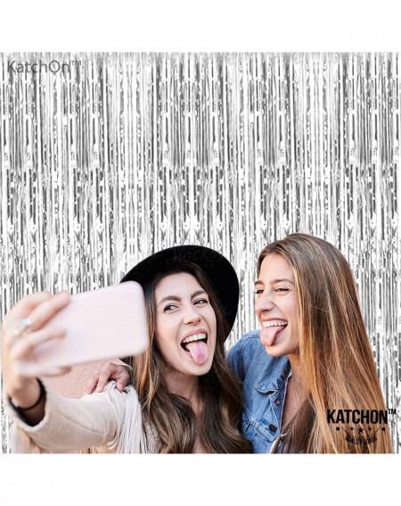 Photobooth Props Xtra Large- Silver Fringe Curtain - 3.2 x 10 Feet - Pack of 2 - Metallic Silver Backdrop Curtain for Parties...