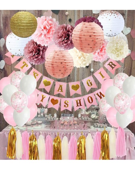 Tissue Pom Poms Girl Baby Shower Decorations- It is a Girl Banner-Mommy to Be Sash- Daddy to Be Pin- Pink and Gold Lanterns-P...