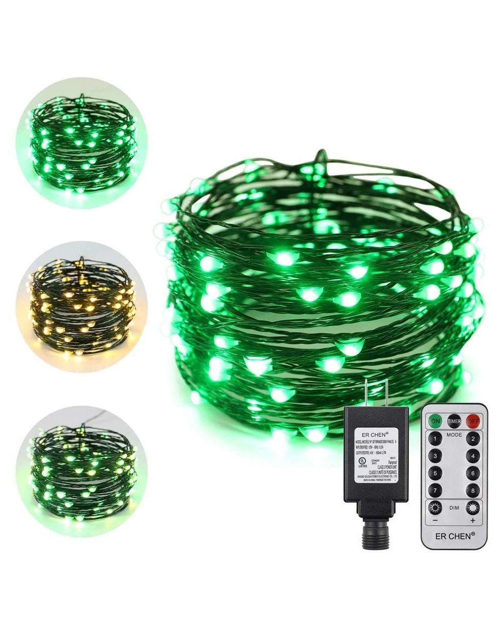 Outdoor String Lights Dual-Color LED String Lights- Green Copper Wire Plug in 33 FT 100 LEDs Dimmable Fairy Lights with UL Ad...