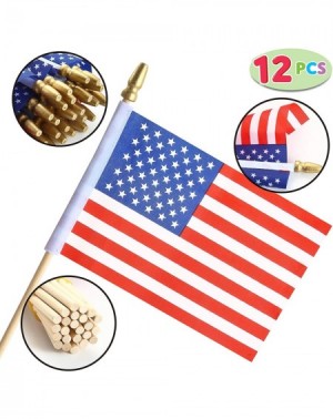 Party Favors 14 Pcs Patriotic Party Supplies of 12 Wooden Stick Handheld American Flag- and 2 Flag Garland for 4th of July Ce...