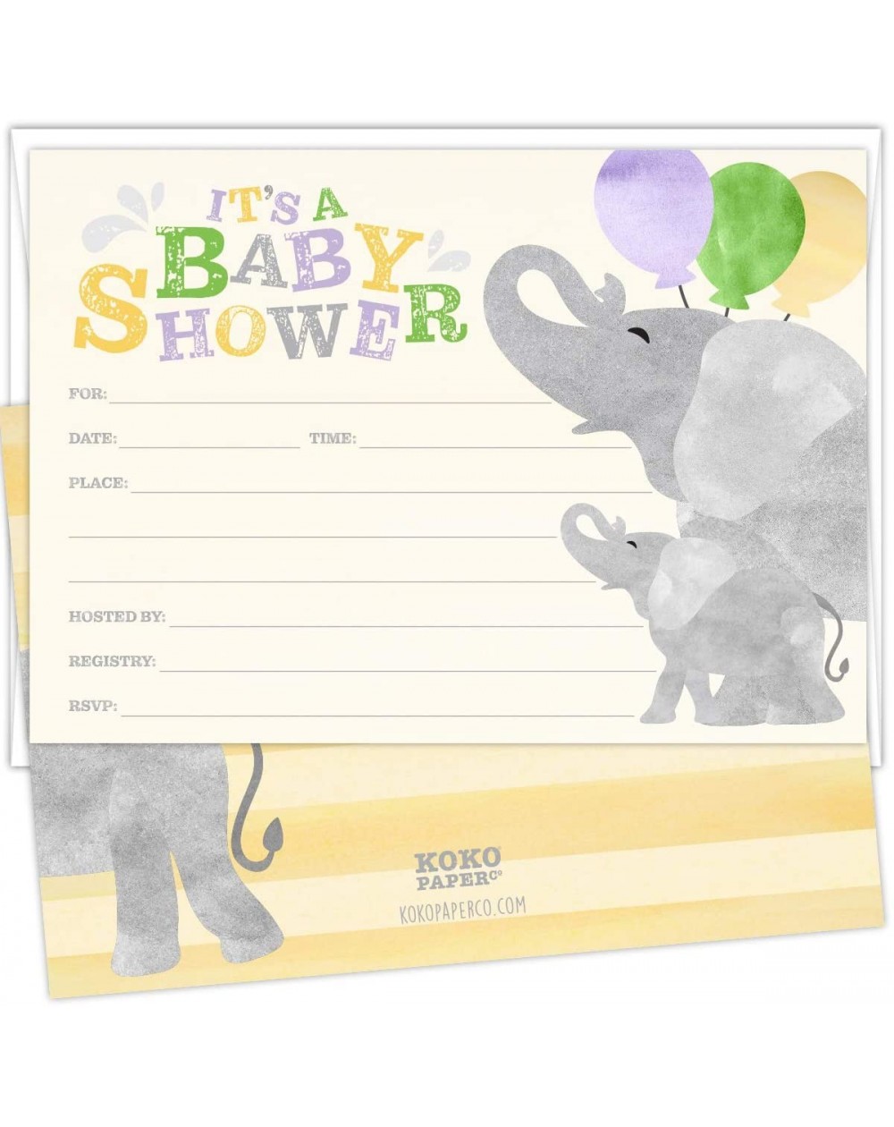 Invitations Joyful Elephant Baby Shower Invitations. Set of 25 Fill-in Style Cards and White Envelopes. Gender-Neutral Yellow...