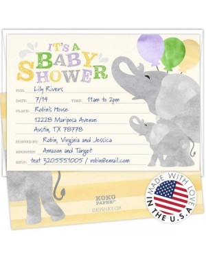 Invitations Joyful Elephant Baby Shower Invitations. Set of 25 Fill-in Style Cards and White Envelopes. Gender-Neutral Yellow...