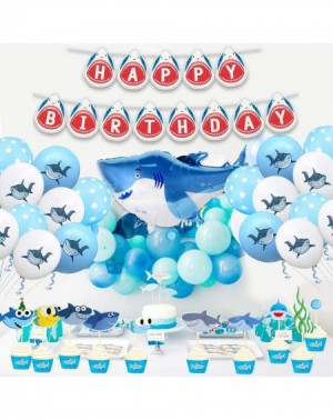 Party Packs Shark Birthday Decorations - Shark balloons- Happy Birthday Shark banner- Shark Cake Topper for Shark Birthday Pa...