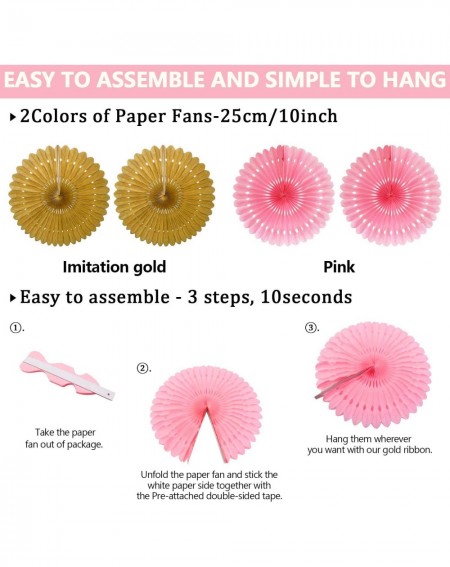 Tissue Pom Poms 23Pcs Paper Fan Party Decoration- Pink and Gold Hanging Paper Fans- Pom Poms Flowers- Garlands String Polka D...