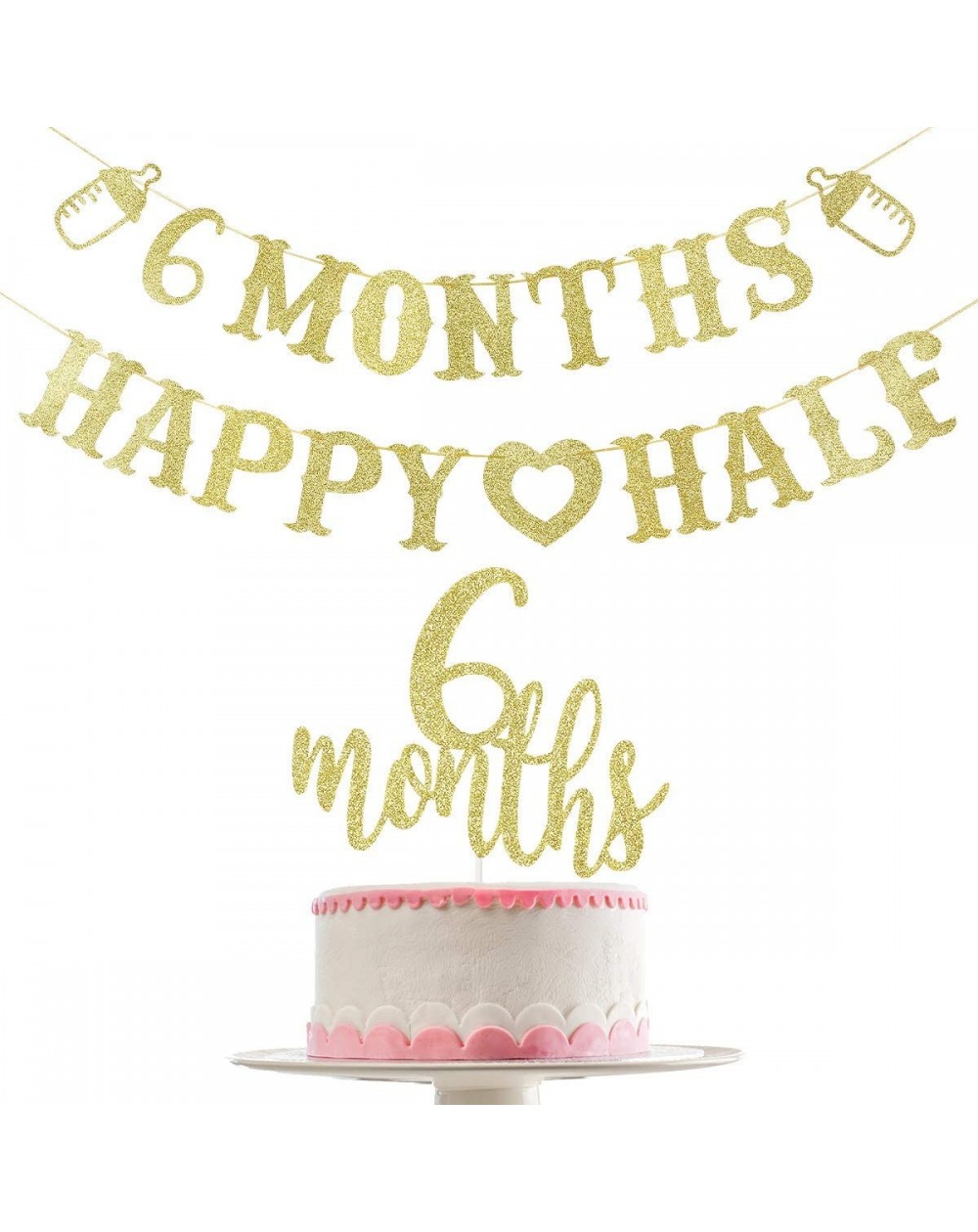 Banners Gold Glittery 6 Months Happy Half Banner and Gold Glittery 6 Months Cake Topper（Double Sided Glitter）- 6 Month Banner...