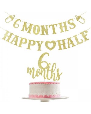 Banners Gold Glittery 6 Months Happy Half Banner and Gold Glittery 6 Months Cake Topper（Double Sided Glitter）- 6 Month Banner...