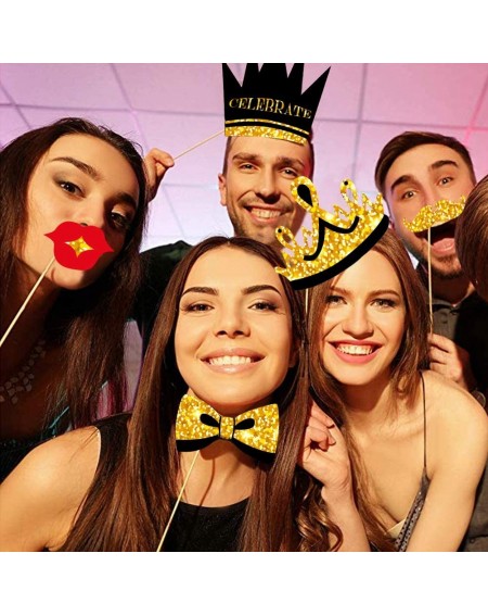 Photobooth Props Bachelorette Party Photo Booth Props - Black Gold Photo Prop Crown Hats Lips Mustaches Vibrant Pose for Enga...