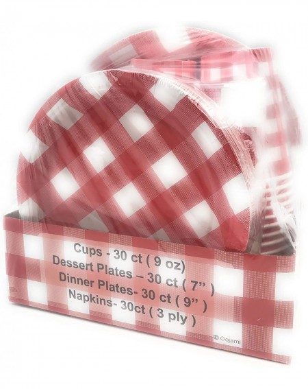 Party Packs Serves 30 - Complete Party Pack - Red Gingham Red & White Checkered - 9" Dinner Paper Plates - 7" Dessert Paper P...