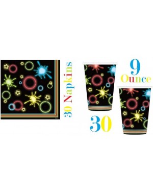 Party Packs Serves 30 - Complete Party Pack - Neon Glow Party Supplies - 9" Dinner Paper Plates - 7" Dessert Paper Plates - 9...