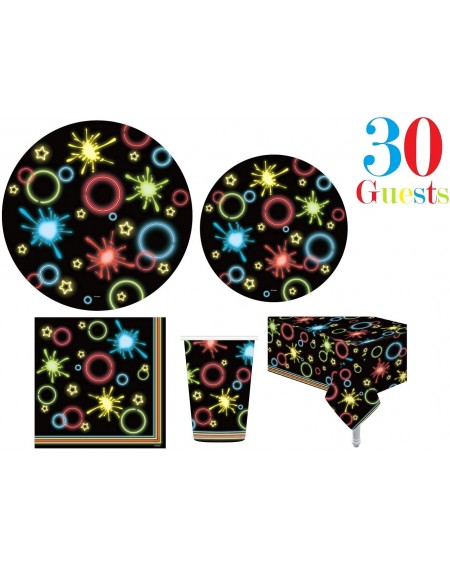 Party Packs Serves 30 - Complete Party Pack - Neon Glow Party Supplies - 9" Dinner Paper Plates - 7" Dessert Paper Plates - 9...