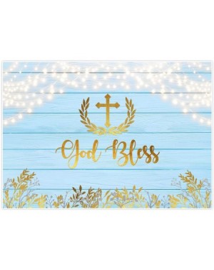 Photobooth Props Baptism Party Rustic Blue Wood Backdrop God Bless Gold Leaves Boys First Holy Communion Baby Shower Photogra...