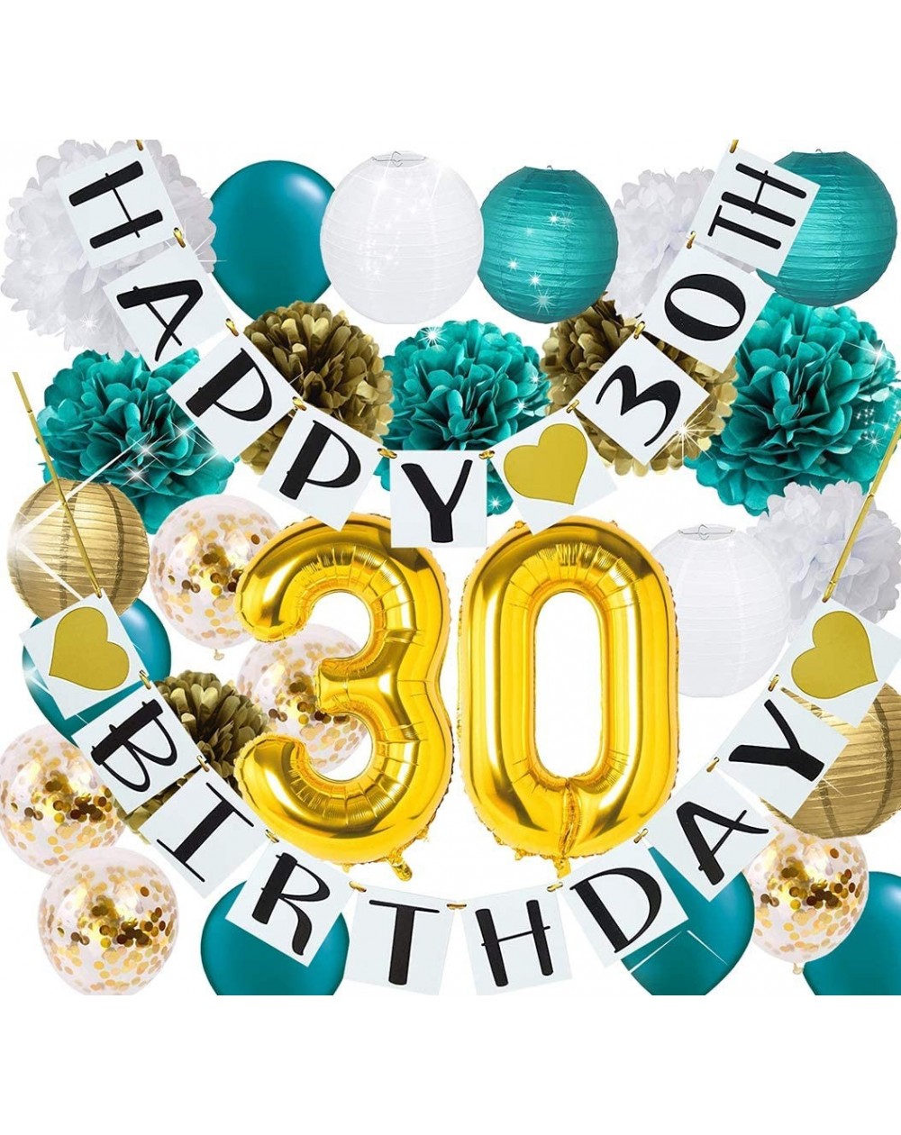 Banners & Garlands 30th Birthday Party Decorations for Women Teal Gold/Gold Confetti Latex Balloons Tissue Pom Poms Gold Teal...