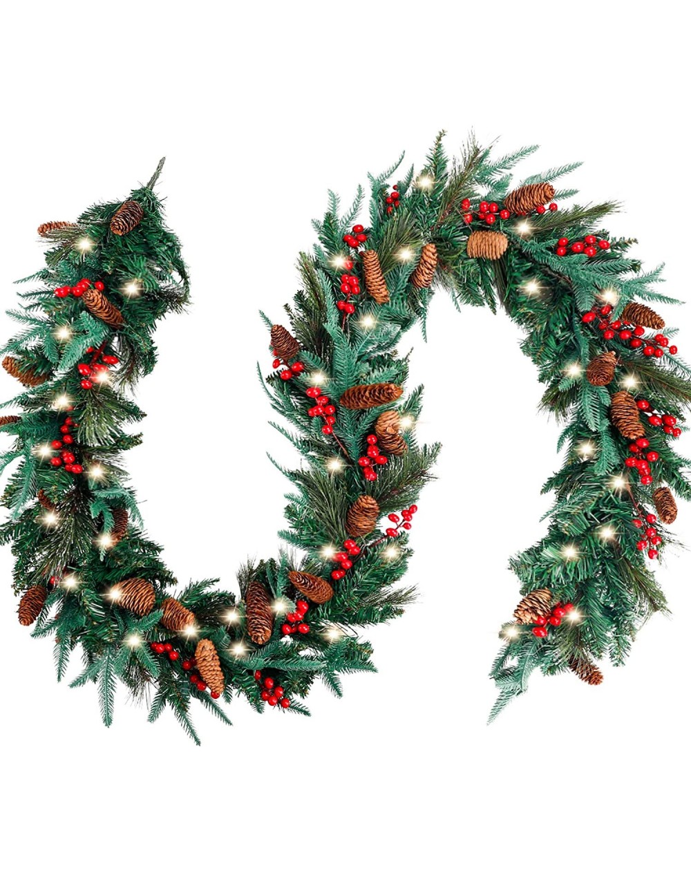 Garlands 9 Feet by 12 Inch Christmas Garland for Mantle with 50 Lights- Un-prelit Garlands for Christmas with Pinecones Red B...