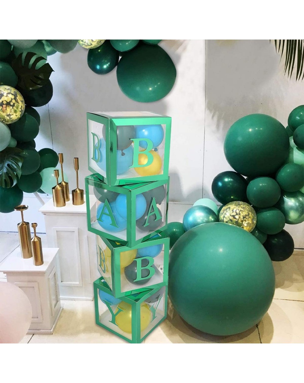 Balloons Safari Baby Shower Decorations Boxes - 4 pcs Transparent Balloons Boxes Décor with Letter- Green Large BABY Blocks f...