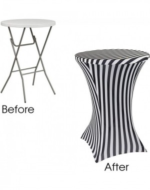 Tablecovers 30 inch Highboy Cocktail Round Stretch Spandex Table Cover - Striped Black- Fitted Elastic Tablecloth for Round T...