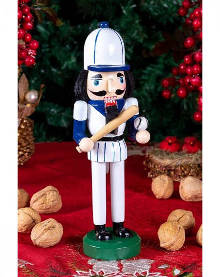 Nutcrackers Wooden Baseball Player Nutcracker - Blue and White Uniform Holding Ball and Bat - Festive Traditional Christmas D...