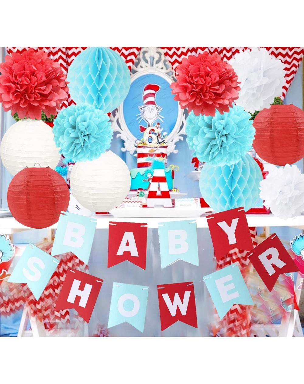 Tissue Pom Poms Dr. Suess Cat in The Hat Party/Airplane/Dr Suess Baby Shower Decorations Blue White Red Tissue Paper Flower H...