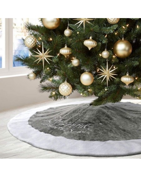 Tree Skirts Gray Christmas Tree Skirts Luxury Faux Fur Plush Wonderful Time Embroidery Large Size Xmas Tree Skirts Holiday Tr...