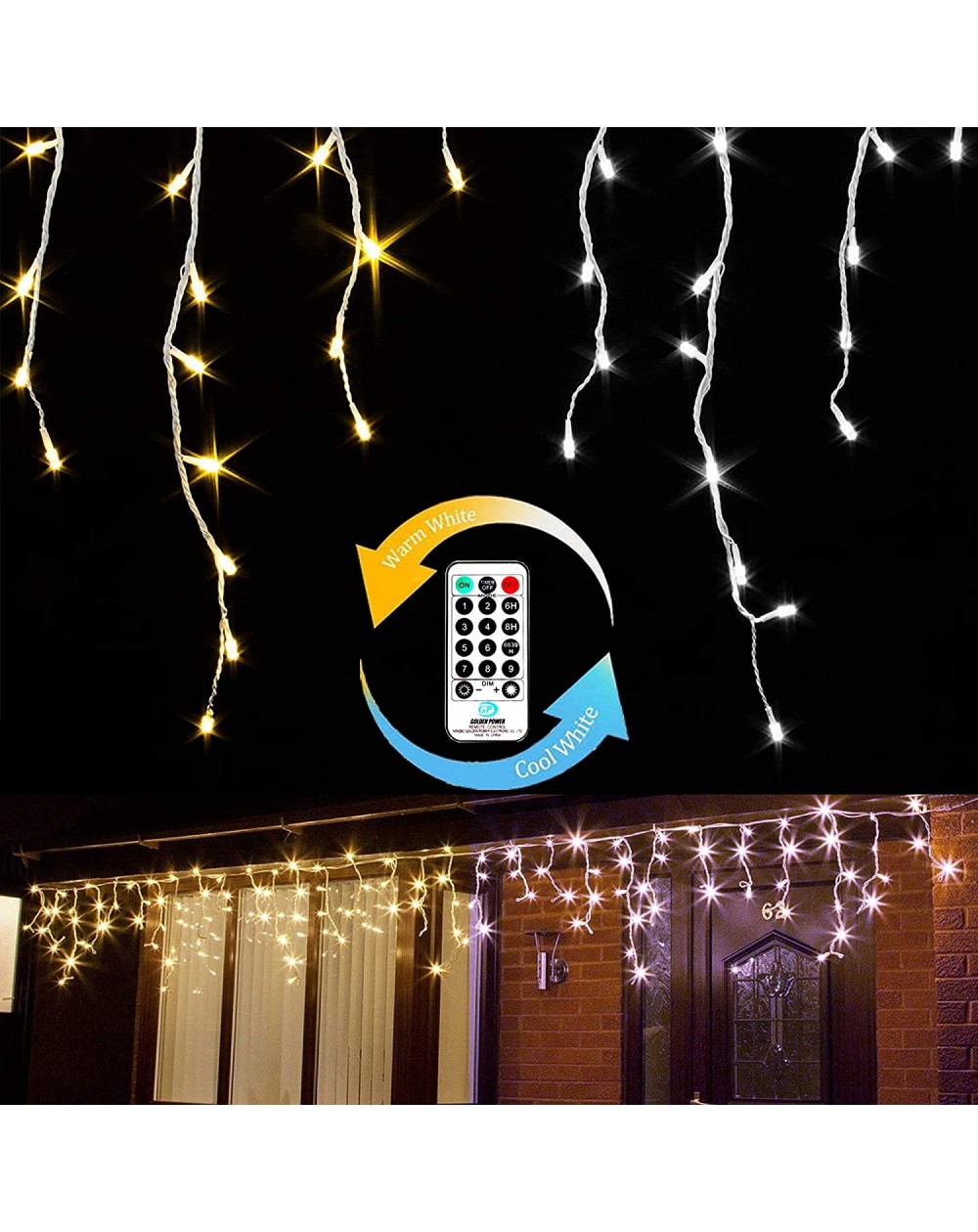 Outdoor String Lights Icicle Lights-200 LEDs Waterproof Christmas Lights with Remote Control Brightness Adjustment 9 Modes 3 ...