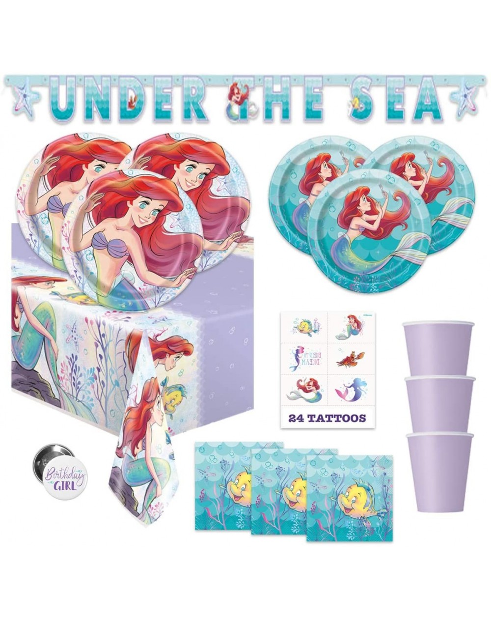 Party Packs The Little Mermaid Ariel Birthday Party Supplies Pack - Serves 16 - Banner Decoration- Tablecover- Plates- Cups- ...