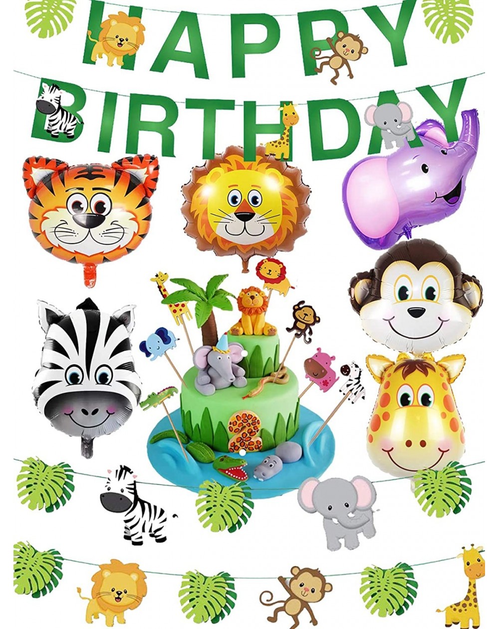 Party Packs Safari Party Supplies Jungle Theme Birthday Party Decorations - Safari Animal Balloons- Zoo Animals Leaves Happy ...