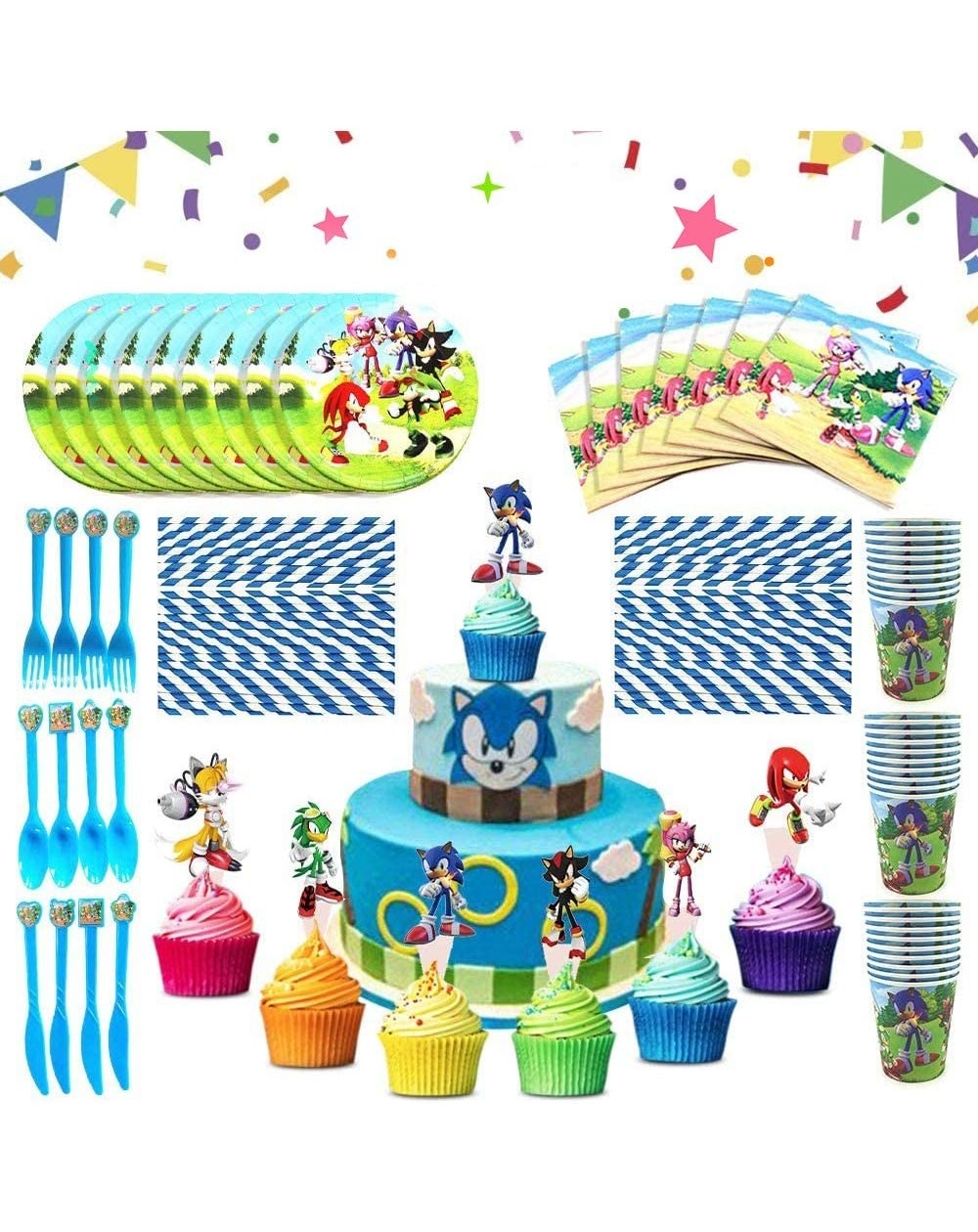 Party Packs Sonic the hedgehog party supplies- Sonic Party Decorations Included Plates- Cups- Tableware- Napkins- Cake Topper...