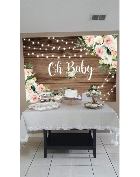 Photobooth Props Oh Baby Floral Baby Shower Backdrop for Photography Retro Brown Wood String Lights Background Vinyl Girl Pin...