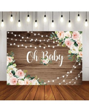 Photobooth Props Oh Baby Floral Baby Shower Backdrop for Photography Retro Brown Wood String Lights Background Vinyl Girl Pin...