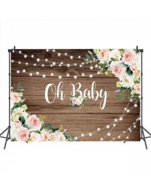 Photobooth Props Oh Baby Floral Baby Shower Backdrop for Photography Retro Brown Wood String Lights Background Vinyl Girl Pin...