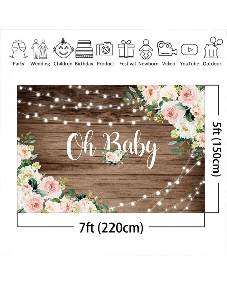 Photobooth Props Oh Baby Floral Baby Shower Backdrop for Photography Retro Brown Wood String Lights Background Vinyl Girl Pin...