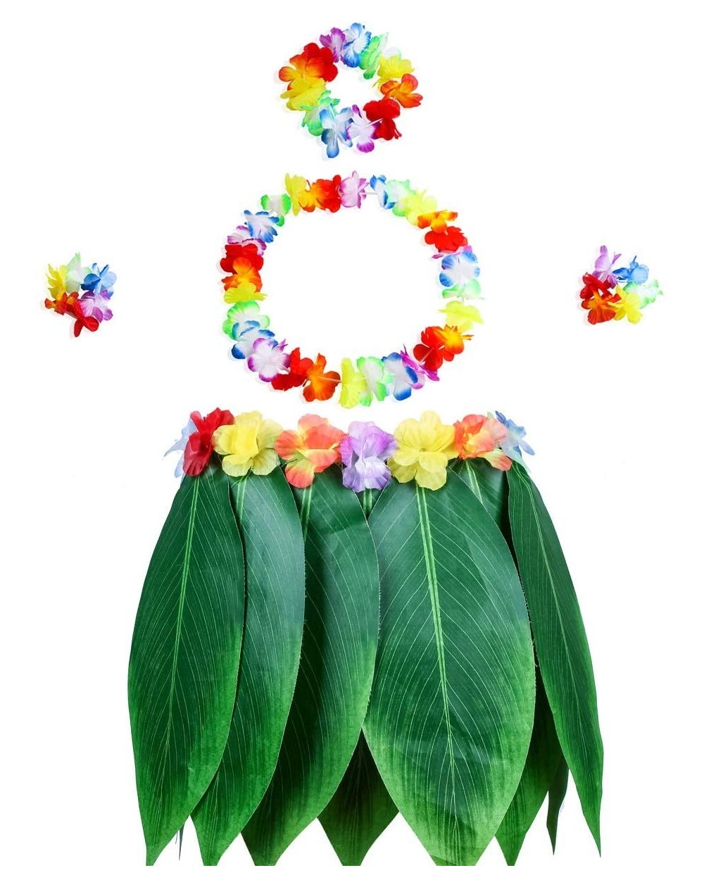 Favors Ti Leaf Hula Skirt Hawaiian Luau Green Grass Skirt with Flower Leaf Leis-Necklaces Bracelets and Headband for Luau Par...