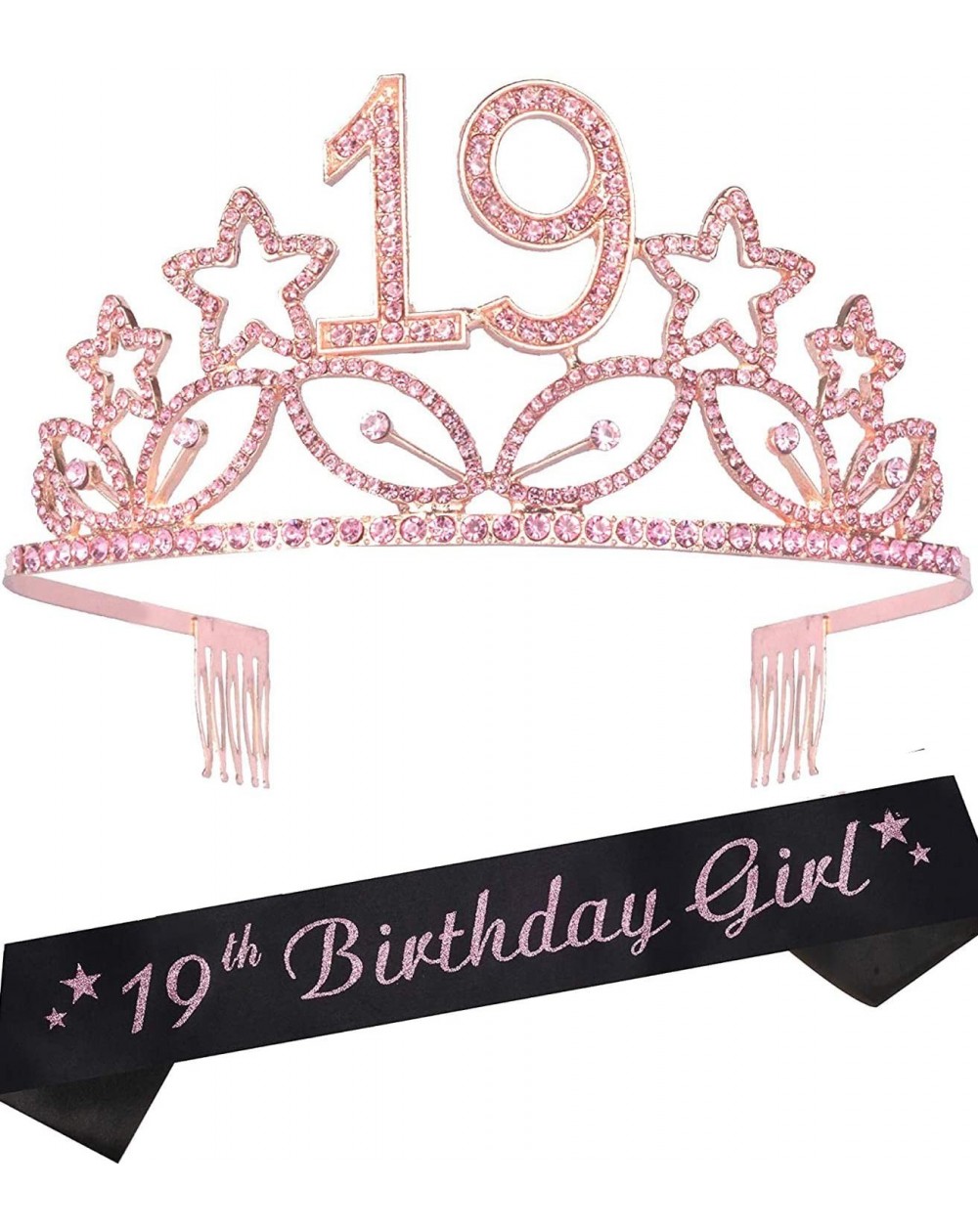 Party Packs 19th Birthday Gifts for Girl- 19th Birthday Tiara and Sash Pink- Happy 19th Birthday Party Supplies- 19 & Fabulou...