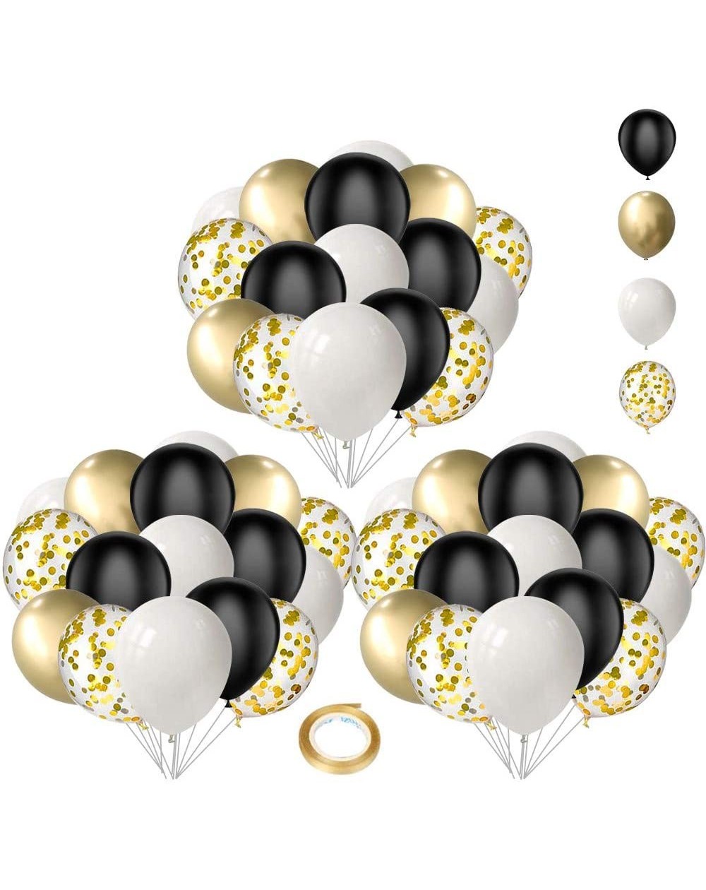 Balloons Black and Gold Confetti Latex Balloons - 60 Pack 12 Inch White Latex and Gold Metallic Party Balloon Set with 33Ft G...