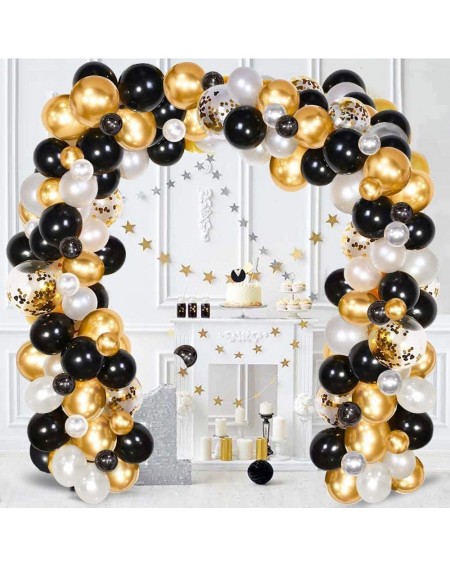 Balloons Black and Gold Confetti Latex Balloons - 60 Pack 12 Inch White Latex and Gold Metallic Party Balloon Set with 33Ft G...