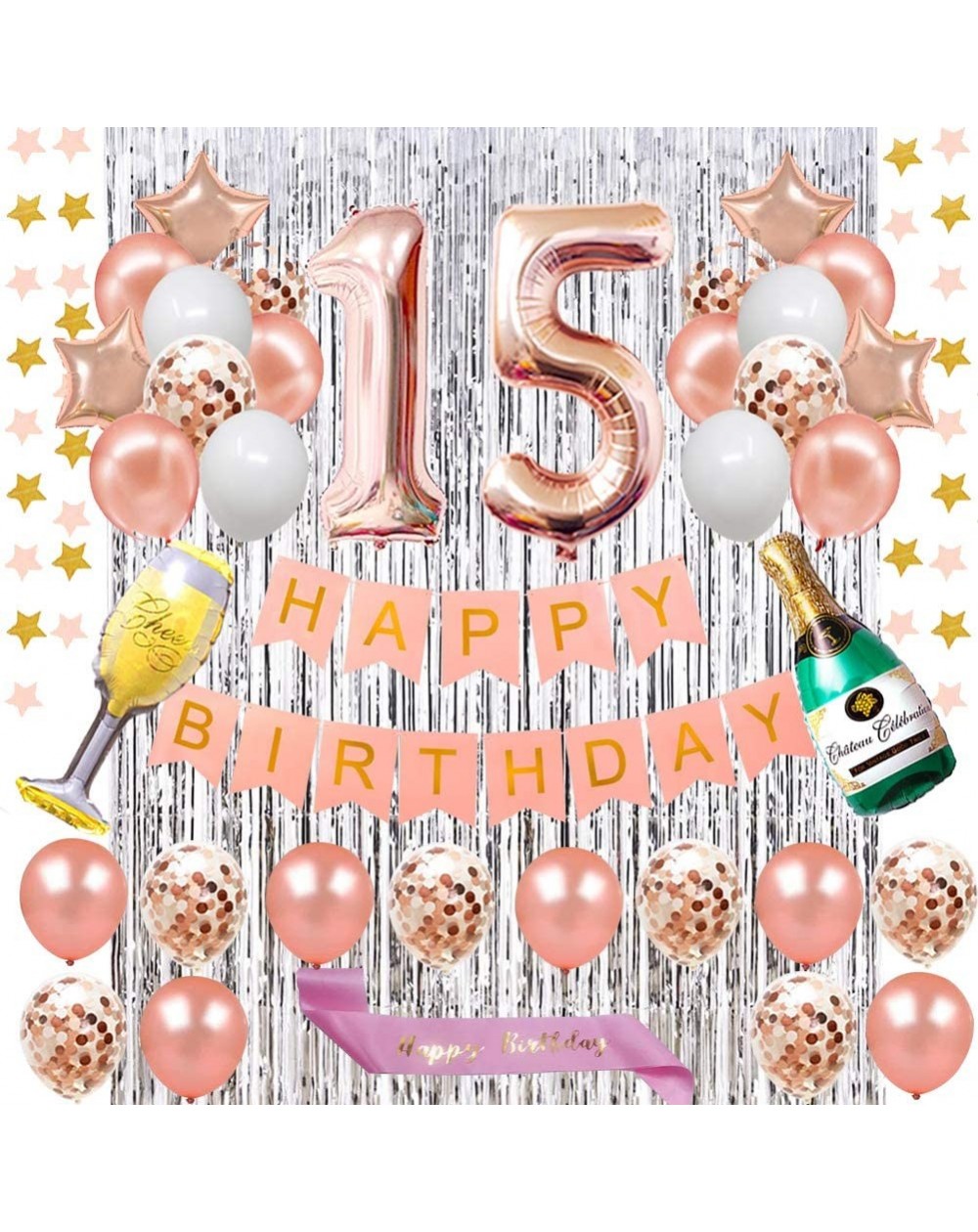 Balloons 15TH Birthday Decorations - Rose Gold Happy Birthday Banner and Rose Gold Number 15 Balloons Latex Confetti balloons...