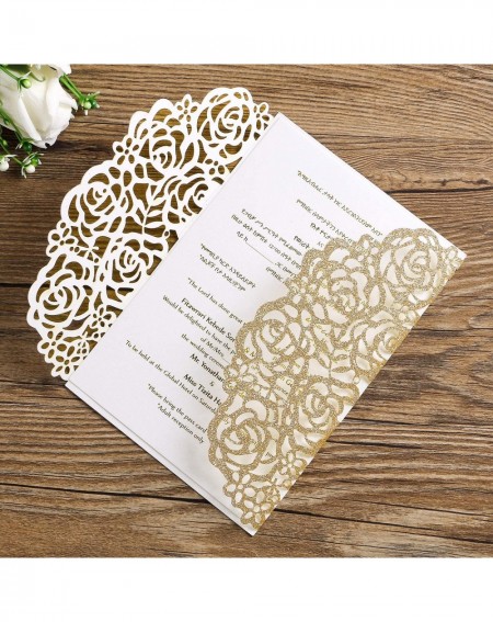 Invitations 25PCS/Lot 250GSM 5.12 x 7.1" Laser Cut Hollow Rose with Burgundy Ribbons Glitter Wedding Invitations Cards for We...