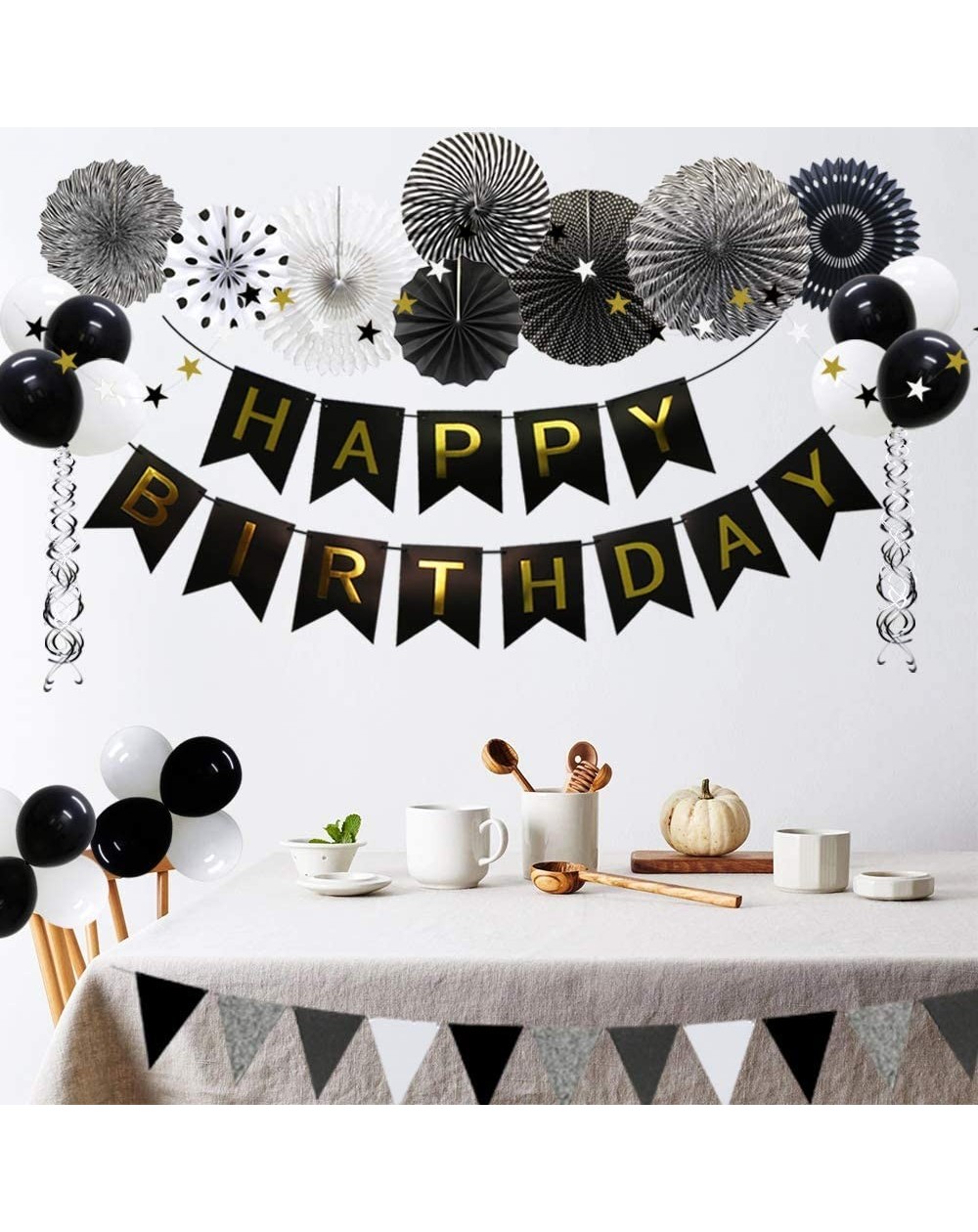 Black Birthday Party Decoration- Happy Birthday Banner With Balloons 