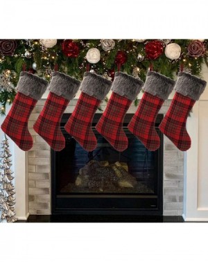 Stockings & Holders Christmas Stockings- 6 Pieces 18 inches Plaid Fluffy Faux Fur Cuff Stockings- Red Black Buffalo Checked C...