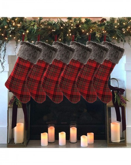 Stockings & Holders Christmas Stockings- 6 Pieces 18 inches Plaid Fluffy Faux Fur Cuff Stockings- Red Black Buffalo Checked C...