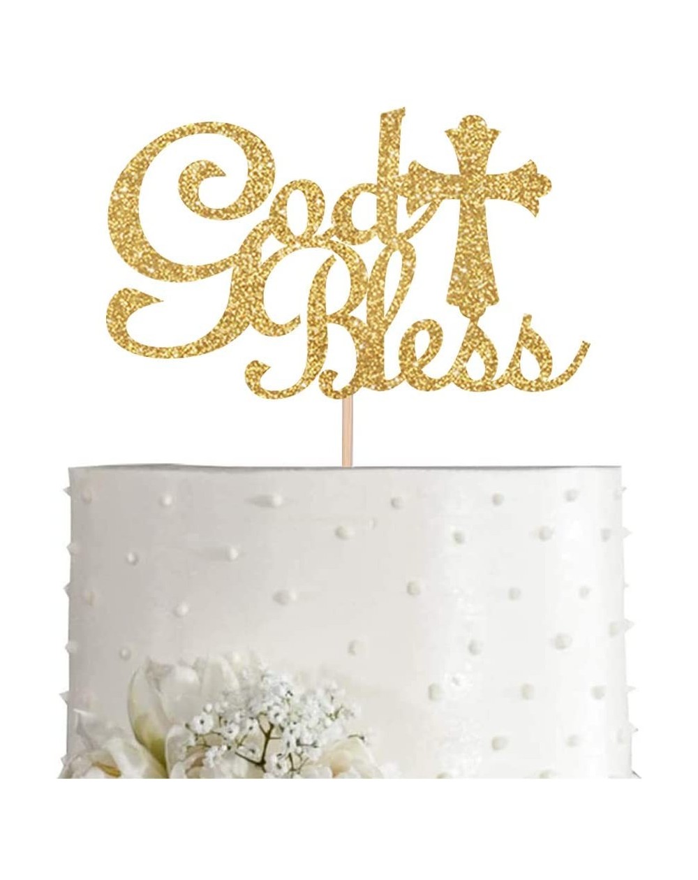 Cake & Cupcake Toppers Gold Glitter God Bless Cake Topper- Gold First Communion- Baptism- Christening Dedication Decoration S...