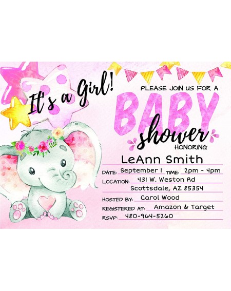 Invitations Deluxe Pink Elephant Baby Shower Invitations- Jungle- Tropical Safari Animals- Its A Girl Party Invites- Includes...