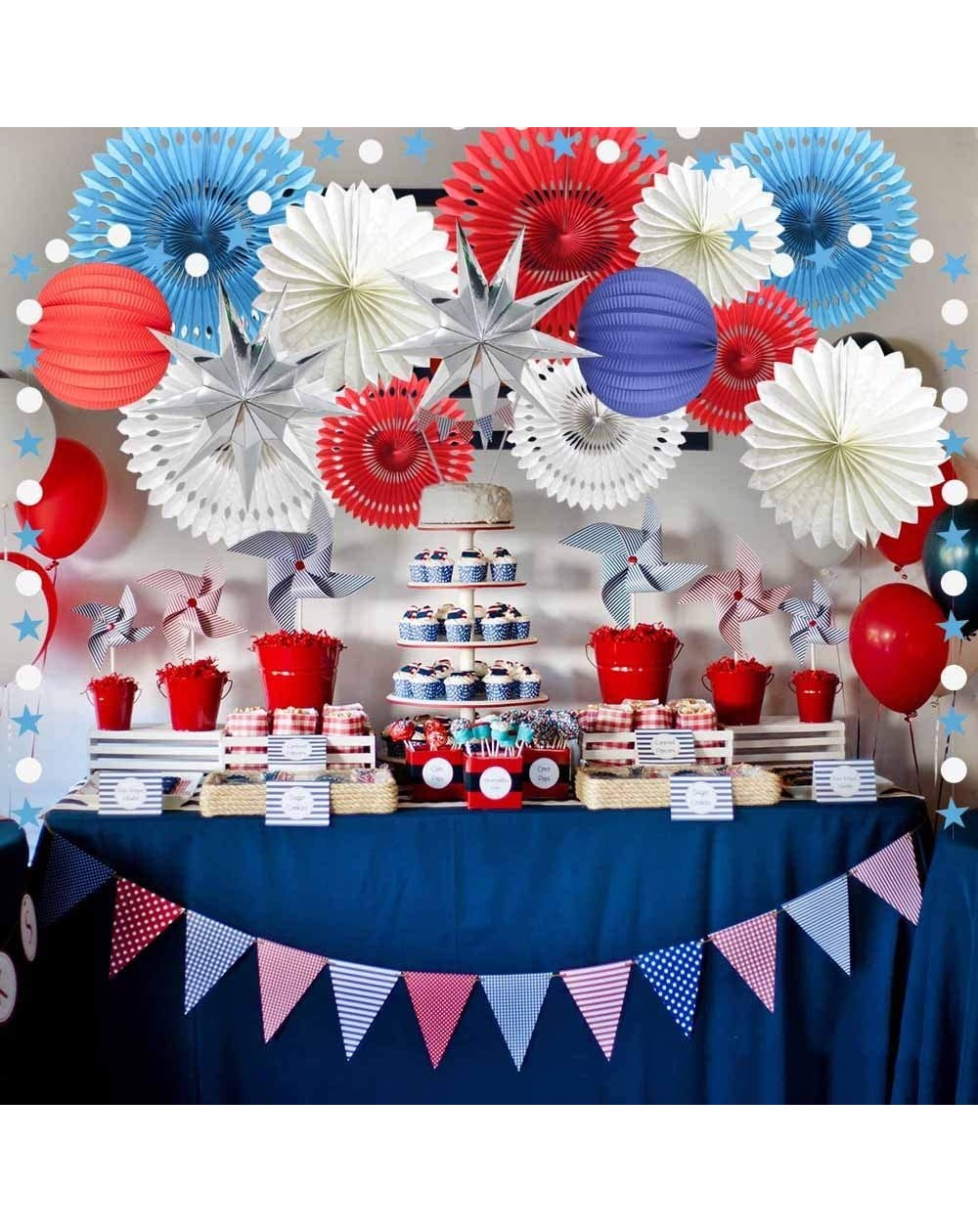 Navy Blue Red White Party Decorations- Hanging Tissue Paper Fans Silver ...